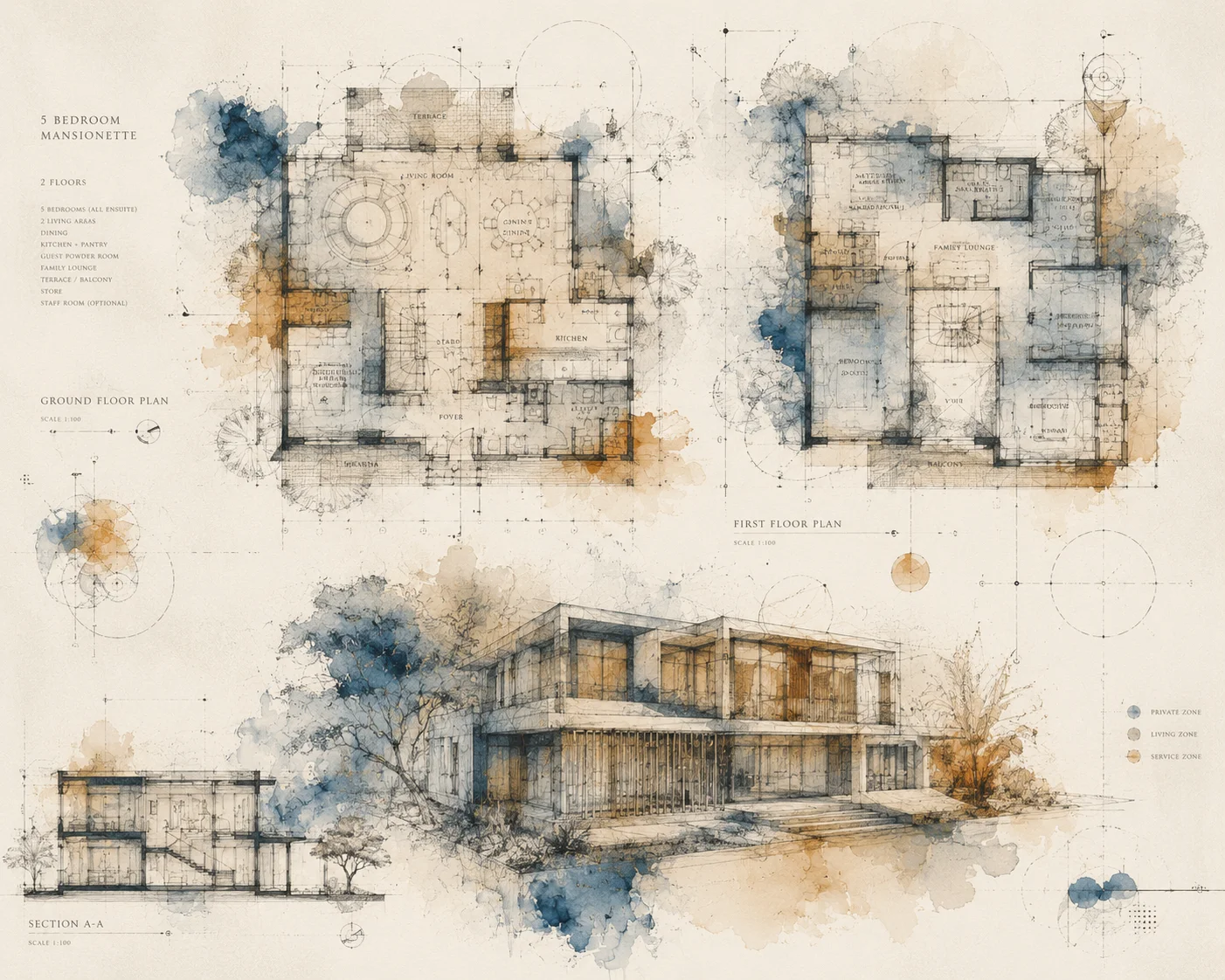 Watercolor architectural blueprint