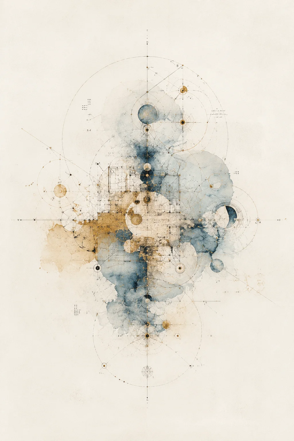 Abstract celestial watercolor — blue and gold circles