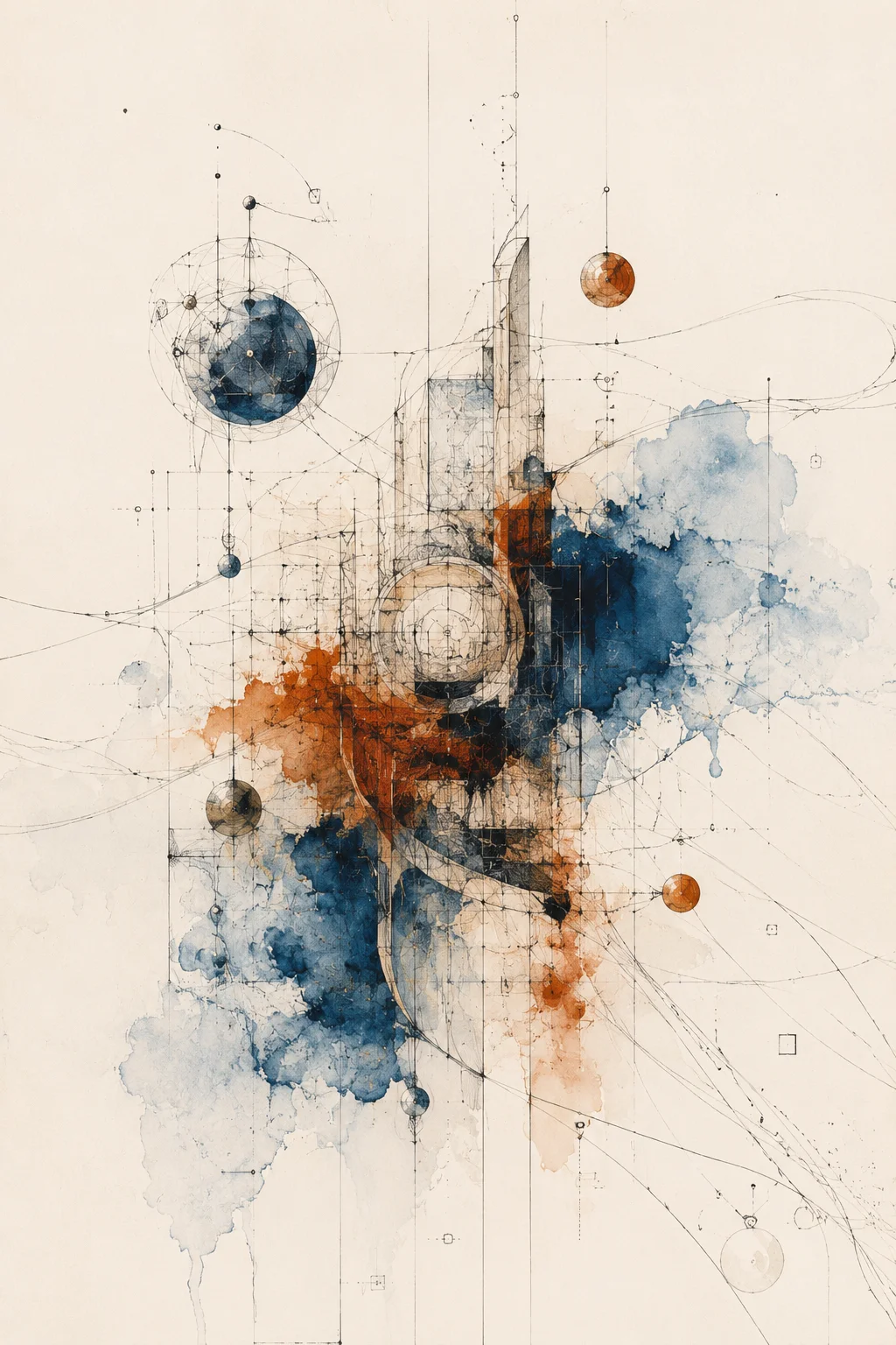Geometric abstract art in blue and copper