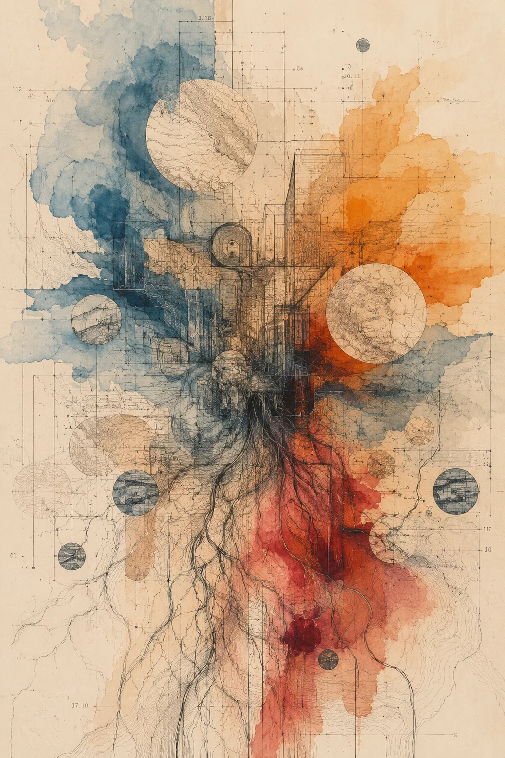 Abstract fluid art — blue, orange, and red